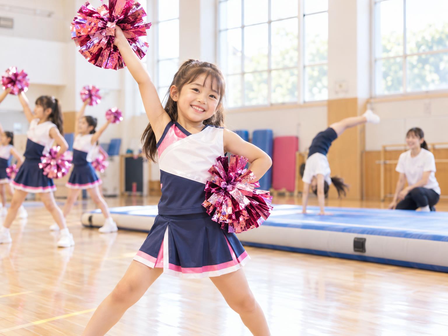 チアダンスとバク転の練習をする子ども