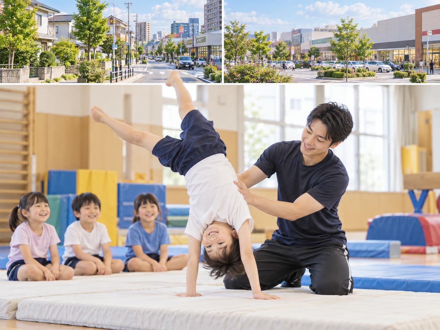 岩槻区の子ども向けアクロバット教室でコーチが補助しながら指導するシーン