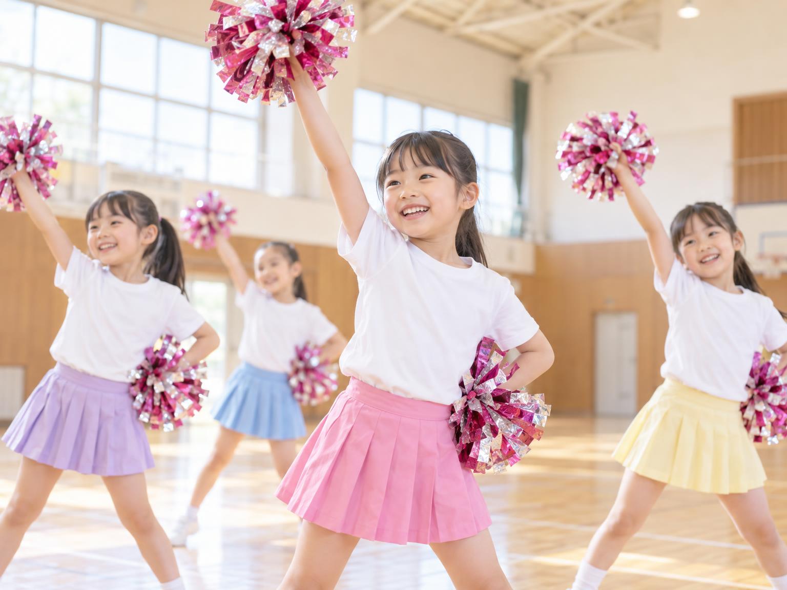 小学生がチアダンスの練習をしている様子