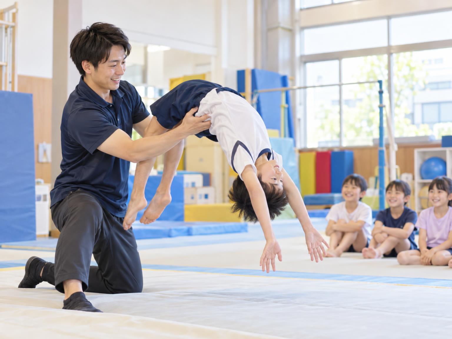 東大宮周辺のバク転・アクロバット教室で練習する子ども