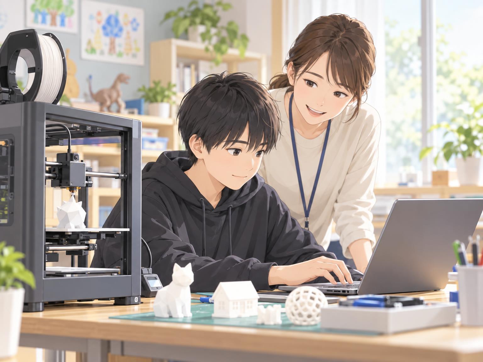 放課後等デイサービスで3Dプリンターを使ってものづくりをする中学生と支援員