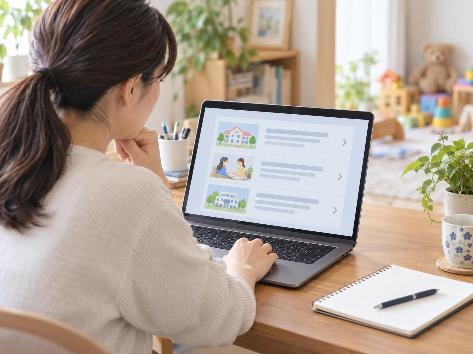 相談支援事業所の一覧を調べる保護者のイメージ