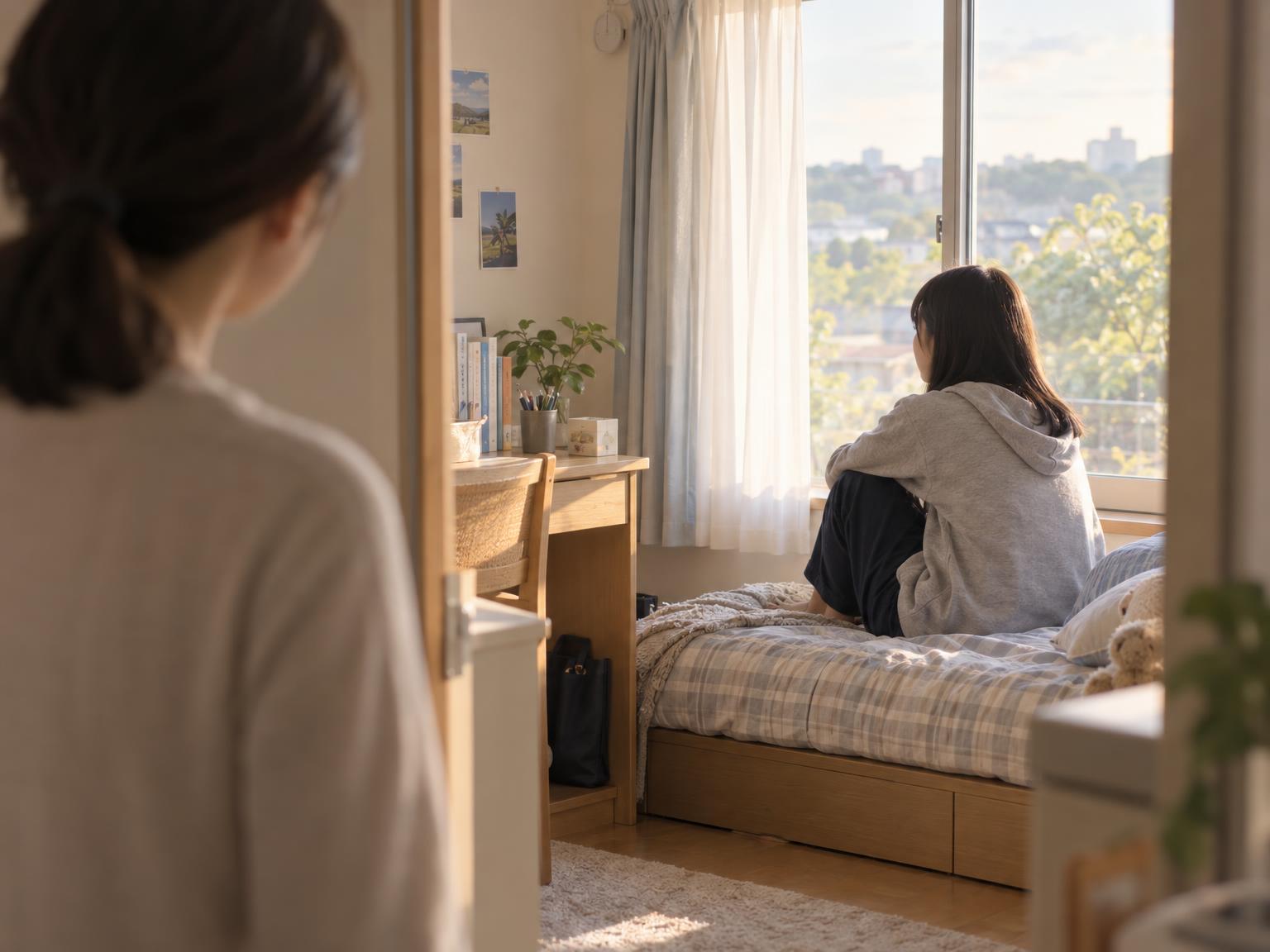 窓の外を眺める不登校の中学生と、遠くから見守る親の様子